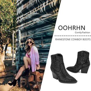 Oohrhn Women's Black Glitter Sparkly Short Cowboy Booties Chunky Block
